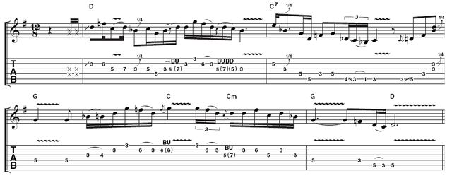 Play blues guitar like Stevie Ray Vaughan Example 4: Syncopated phrasing like this can be heard at the end of Stevie's solo in Crossfire, and is a very important part of his style. It takes time to develop the confidence to dance across the beat in this way, but once you've locked in to the timing, it's a really useful way to make your phrasing more interesting. Milk those string bends!